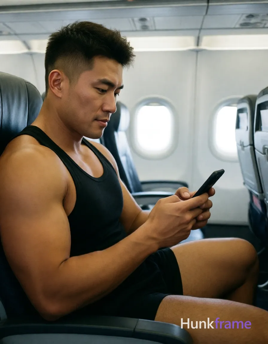Photograph of exactly 1 adult man. Man 1: Asian, light to medium tan, oval with defined jawline, short, dark brown/black hair, textured top with faded sides and back, clean neckline at nape, clean-shaven. Man 1 has fully exposed eyes, eyebrows, temples and nose bridge. Muscular man with broad shoulders, thick thighs seated in airplane cabin. Holding black smartphone against raised right thigh while scrolling on screen. Black sleeveless tank top covering upper torso exposing muscular legs fully. Vertical portrait selfie-style composition occupying right two-thirds of frame. Airplane cabin interior with overhead panels, oval windows in background. Soft ambient cabin lighting mixed with natural light from airplane windows. Fine-art photography emphasizing sculpted physique, thick thighs, and relaxed mood