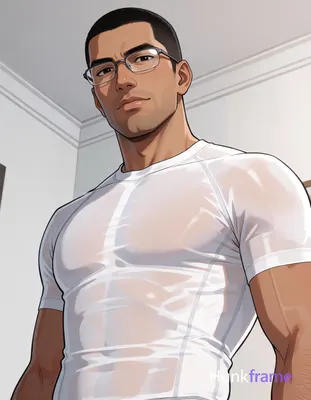 an anonymous figure adult man with short black buzz cut and metal-framed rectang
