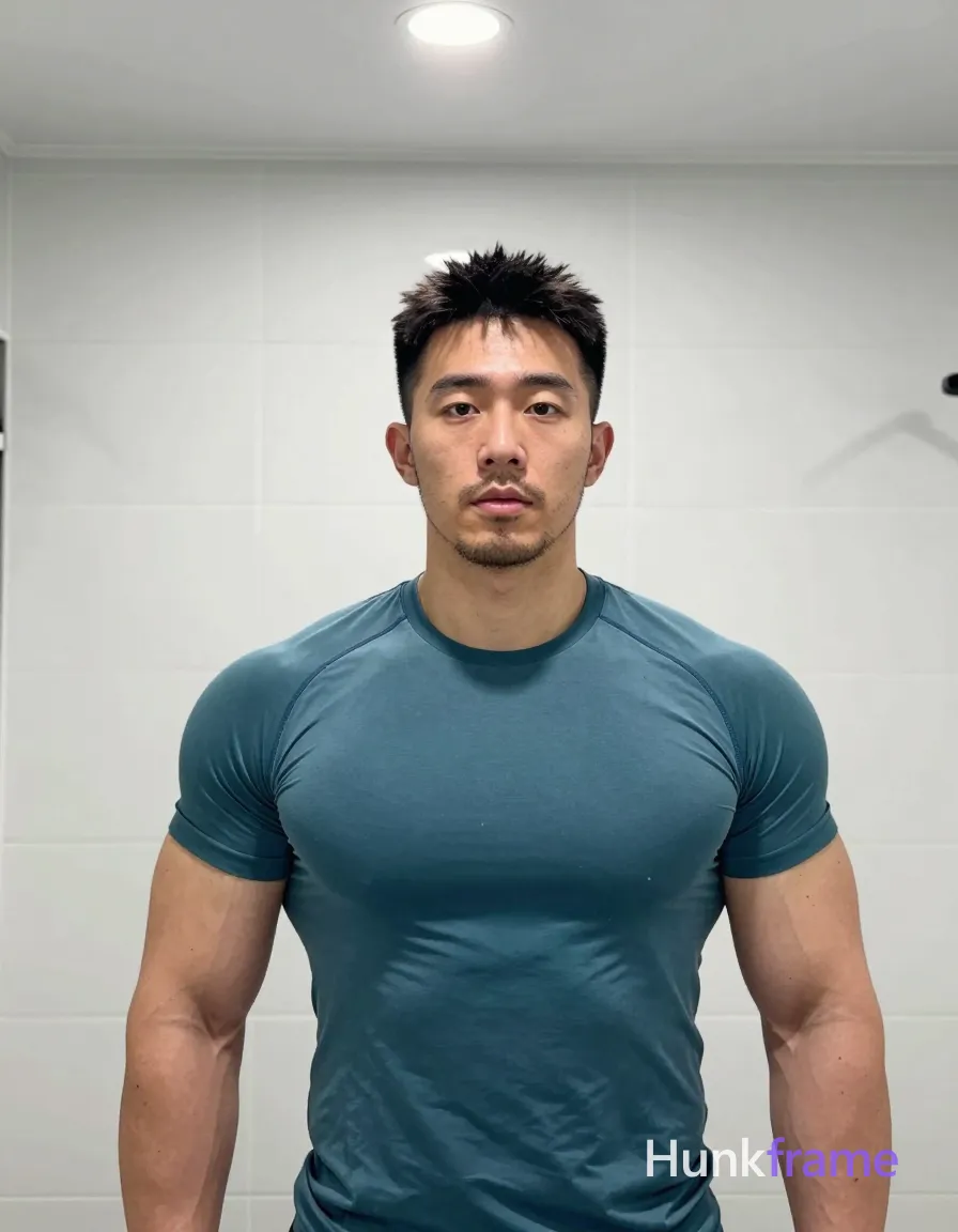 Full-bleed vertical phone wallpaper featuring an Asian man with short black textured hair and stubble beard standing facing camera in a tiled indoor bathroom. Tight-fitting teal athletic t-shirt on broad shoulders and defined pectorals, torso upright arms at sides left arm partially obscured. Clean negative space around cool-toned overhead recessed light against white tiles., a single uninterrupted photograph only, no written words or typography anywhere in frame, no captions, no app UI, no social-media post layout, no screenshot borders