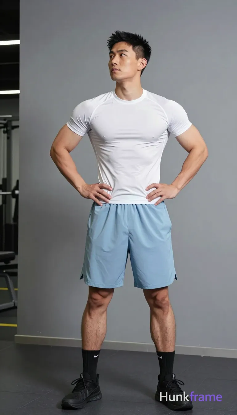 Asian man in a white short-sleeve compression shirt stands with hands on hips, gaze directed upward and left; The snug fit exposes defined chest muscles and arms; light blue loose shorts end mid-thigh showing thick thighs; He wears black ankle socks featuring a white Nike swoosh only on the left sock and black athletic sneakers; Positioned in an indoor gym with grey walls and exercise equipment, soft overhead lighting casts natural shadows across his broad shoulders and visible abdominal definition; single clean uninterrupted photograph with a cohesive editorial composition and plain continuous surrounding surfaces