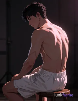Polished anime 2.5D next-gen game art of an adult masculine man, shirtless and seated on a wooden st