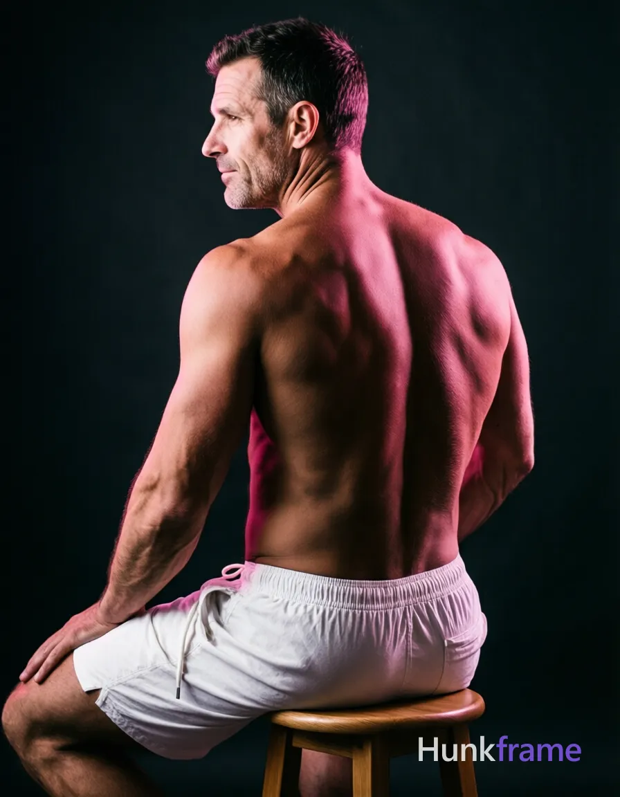 A handsome adult man with short dark hair and clean-shaven jaw sits shirtless on a wooden stool, viewed from behind-left in profile; He wears white loose-fitting shorts with an elastic waistband and drawstring detail at the front center; His left hand rests on his thigh near hip while right arm bends forearm against side of body; head turns slightly to viewer's right; Sculpted upper back displays defined latissimus dorsi, trapezius muscles, prominent shoulder definition, and visible abdominal musculature along lower torso; Entire back from neck to waistline is exposed with shoulders and upper arms shown; Indoor studio setting features dark indistinct background suggesting shallow depth of field; Strong directional pink rim light casts highlights on spine, shoulders, hair edge; soft fill creates subtle shadows across muscles; High contrast moody chiaroscuro fine-art editorial aesthetic portrait composition centered occupying majority vertical frame; single clean uninterrupted photograph with a cohesive editorial composition and plain continuous surrounding surfaces