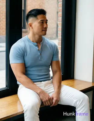 Asian man with light-medium skin and a short black buzz cut featuring textured top and faded sides s
