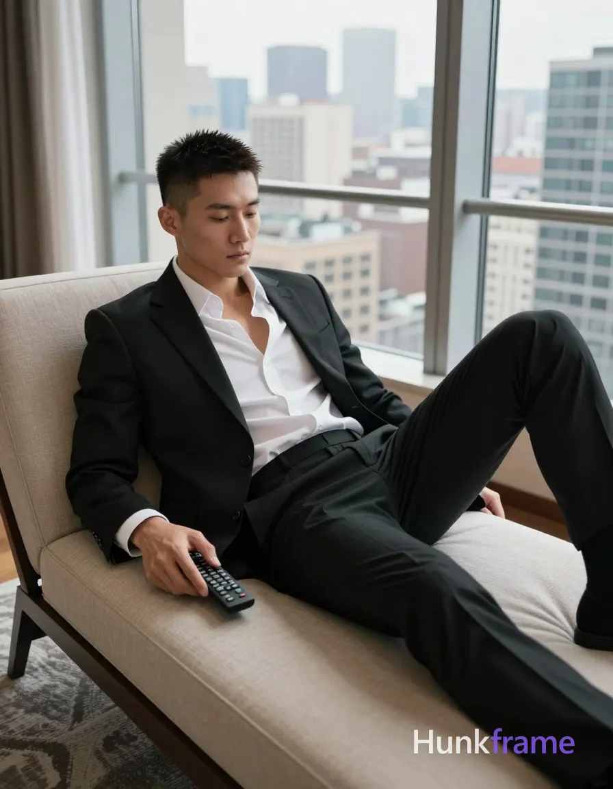 an anonymous figure man with short textured dark crop cut hair and clean-shaven face reclining on a tufted beige chaise lounge, holding black remote control near lap while right arm rests along side; Wearing open black tailored suit jacket over unbuttoned white dress shirt exposing upper chest, matching black trousers; Vertical portrait composition capturing him from head down to knees with right leg fully visible extending toward bottom-right corner and left leg partially shown; Soft diffused daylight creates subtle rim lighting on hair and shoulders against floor-to-ceiling windows overlooking dense urban skyline under overcast sky inside a hotel room; single clean uninterrupted photograph with a cohesive editorial composition and plain continuous surrounding surfaces