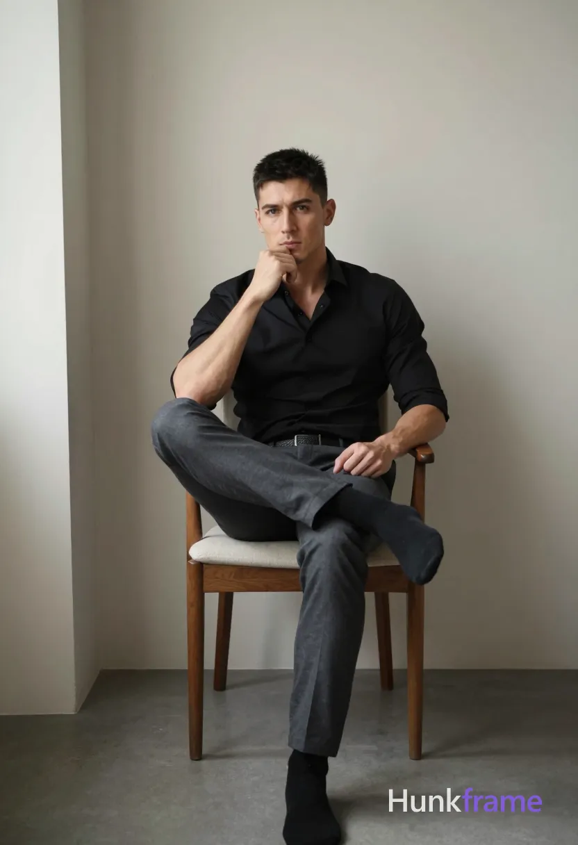An athletic adult man with short black hair and clean-shaven face sits centered in a vertical portrait, full-body shot from knees to head. He wears a black button-down shirt sleeves rolled to elbows, dark grey trousers, textured belt buckle, and black socks. Seated on an upholstered wooden chair leaning against a beige wall, left leg crossed over right knee, right hand near chin in thoughtful gesture. Natural directional lighting from the left highlights his lean muscular build with defined anatomy. Minimalist interior with white column, confident strength, clean lines, dramatic natural lighting., same aesthetic theme and photo feel as the reference but a different man in a different pose with distinct body proportions, German man, fair skin, strong brow ridge, lean cyclist legs, a single uninterrupted photograph only, no written words or typography anywhere in frame, no captions, no app UI, no social-media post layout, no screenshot borders