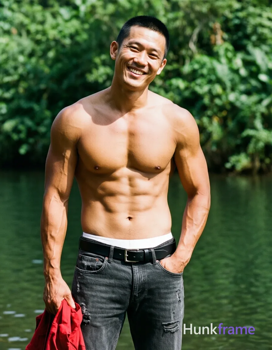 Asian man with light tan skin and short black buzz cut stands upright outdoors near water, smiling broadly with slight head tilt to right; Shirtless adult displaying broad shoulders, defined pectorals, six-pack abs, visible vascularity on arms; dark grey distressed jeans with belt loops and silver buckle, black leather belt, white underwear waistband visible above pants; Right hand holds red garment at hip level while left hand rests in pocket; Natural daylight casts soft shadows on torso against lush green foliage background; Fine-art photography portrait composition focusing on upper body from head to mid-thighs; single clean uninterrupted photograph with a cohesive editorial composition and plain continuous surrounding surfaces