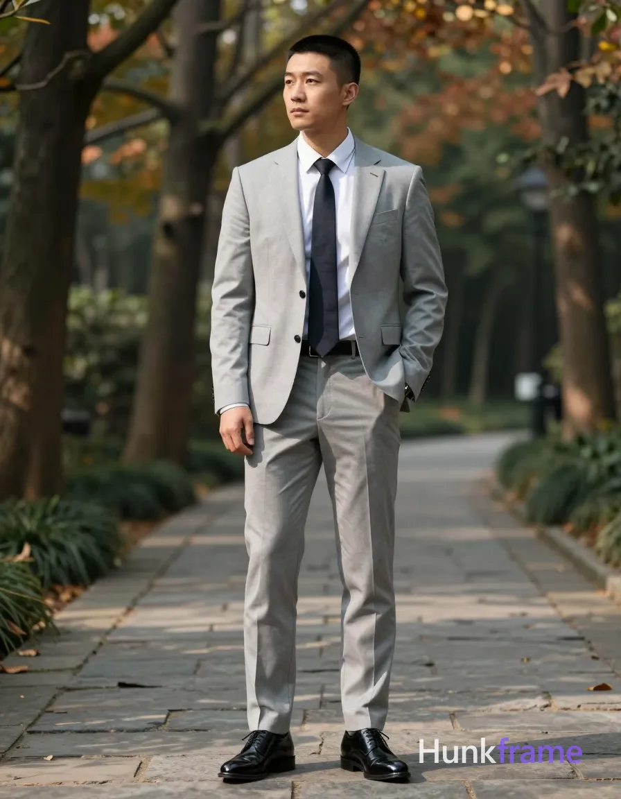 Asian man with short black buzz cut and clean-shaven skin stands upright on a stone path, left hand in light gray tailored suit jacket pocket, right arm relaxed; He wears an open white dress shirt with striped collar detail and dark solid tie knotted neatly against chest, paired with matching trousers and polished black patent leather oxford shoes; Standing full-body vertical shot from head to shoes centered in composition with forest background framing him on both sides; Natural daylight filters through canopy creating dappled shadows across sculpted physique emphasizing broad shoulders and thick thighs; Cinematic depth of field blurs autumn foliage trees slightly while highlighting fabric texture; Mood is contemplative, refined, quietly confident; single clean uninterrupted photograph with a cohesive editorial composition and plain continuous surrounding surfaces