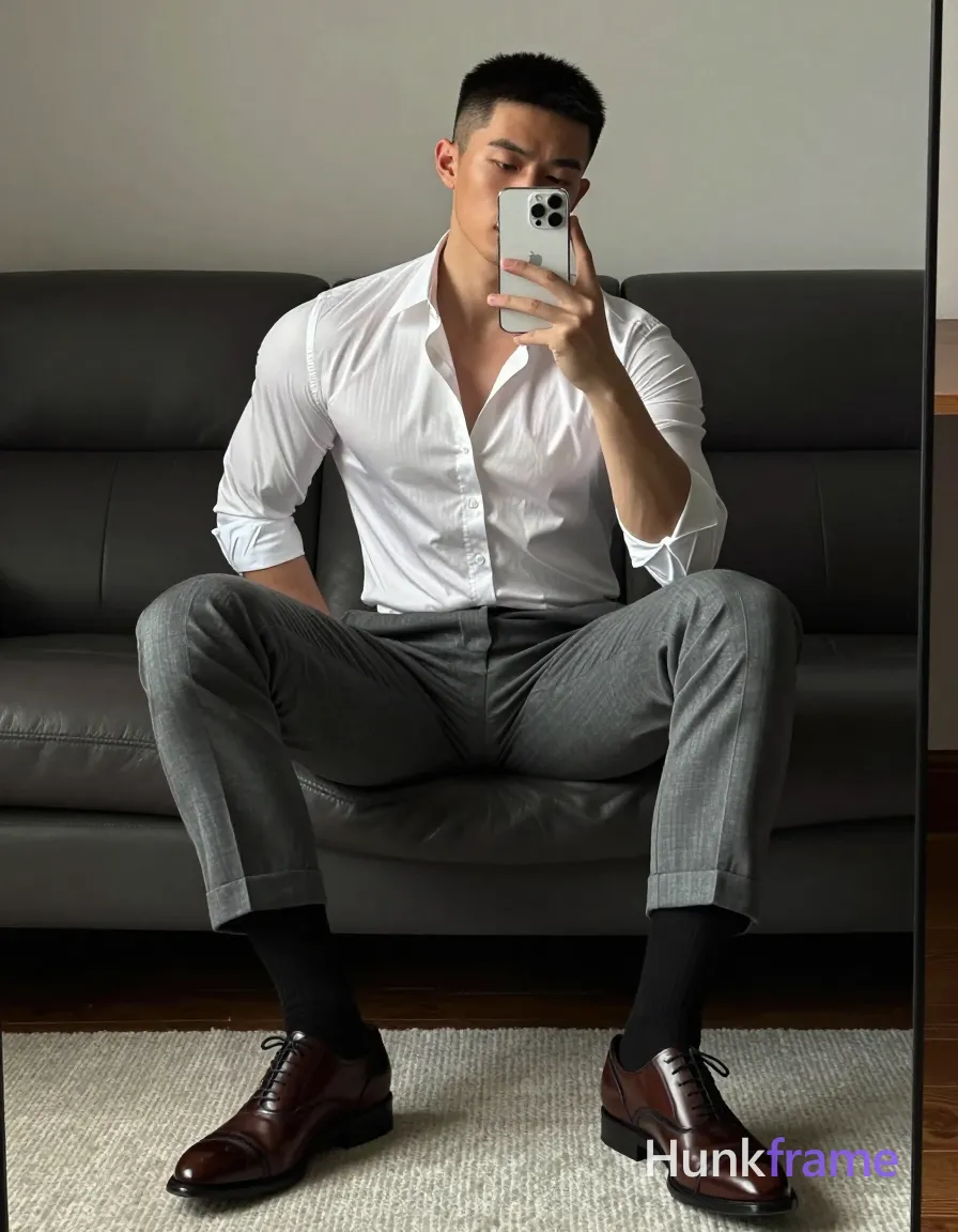 Asian man seated on dark leather sofa, legs spread knees bent taking mirror selfie with white smartphone at chest level. White long-sleeve button-up shirt subtle vertical stripes top two buttons undone revealing upper chest and collarbone artistic partial nude adult. Grey tailored trousers cuffed slightly above ankle black dress socks pulled up to mid-calf brown cap-toe oxford shoes visible on light-colored rug below. Broad shoulders defined pectorals toned arms short black buzz cut straight texture high forehead clean hairline clean-shaven neutral direct gaze at phone camera in mirror reflection left hand resting behind back near hip right arm raised holding smartphone. Indoor room featuring dark leather tufted sofa against light grey wall wooden floor partially covered by textured rug vertical mirror frame visible along right edge of image soft ambient indoor lighting creating gentle shadows on face and clothing folds white grey brown black palette polished confident stylish mood clean lines minimalist composition fine-art photography dramatic lighting sculpted poses premium fashion-editorial aesthetic handsome masculine subject tailored attire captured via mirror selfie composition 13:19 aspect ratio vertical portrait orientation, a single uninterrupted photograph only, no written words or typography anywhere in frame, no captions, no app UI, no social-media post layout, no screenshot borders
