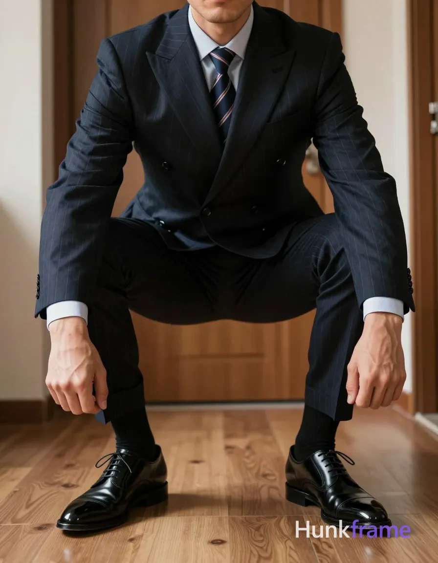 A handsome adult man in a dark navy pinstripe double-breasted suit jacket with two-button closure on sleeves, matching trousers, light blue dress shirt cuffs peeking out, and striped necktie; He crouches low with knees bent inward toward chest, torso leaning forward slightly, arms drawn back with fists held at knee level; Hands clenched in fists near knees show defined forearms, wrists, knuckles, fingers, prominent veins, and thick thighs visible under suit trousers; knees partially exposed; Black socks cover ankles to mid-calf on shiny black leather lace-up oxford shoes with pointed toes; Indoor room setting with light wood flooring, cream-colored walls, wooden door frame in background; Soft directional lighting from front-left creates subtle shadows under arms and between legs, high-contrast highlights reflect off polished leather footwear; Vertical portrait composition centered vertically from mid-thighs up; head cropped out of frame; High-fashion editorial aesthetic, cinematic tight framing on lower body and hands, luxury menswear focus, same aesthetic theme and photo feel as the reference but a different man in; single clean uninterrupted photograph with a cohesive editorial composition and plain continuous surrounding surfaces