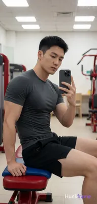 Asian man in Xiaohongshu lifestyle style seated sideways on a red gym bench with blue cushion; He we