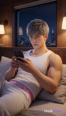 Asian man with ash-grey short textured crop cut and minor stubble shadow, reclining on bedroom bed a