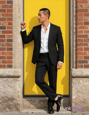 Asian man with short buzz cut and light stubble stands in three-quarter profile leaning against a st