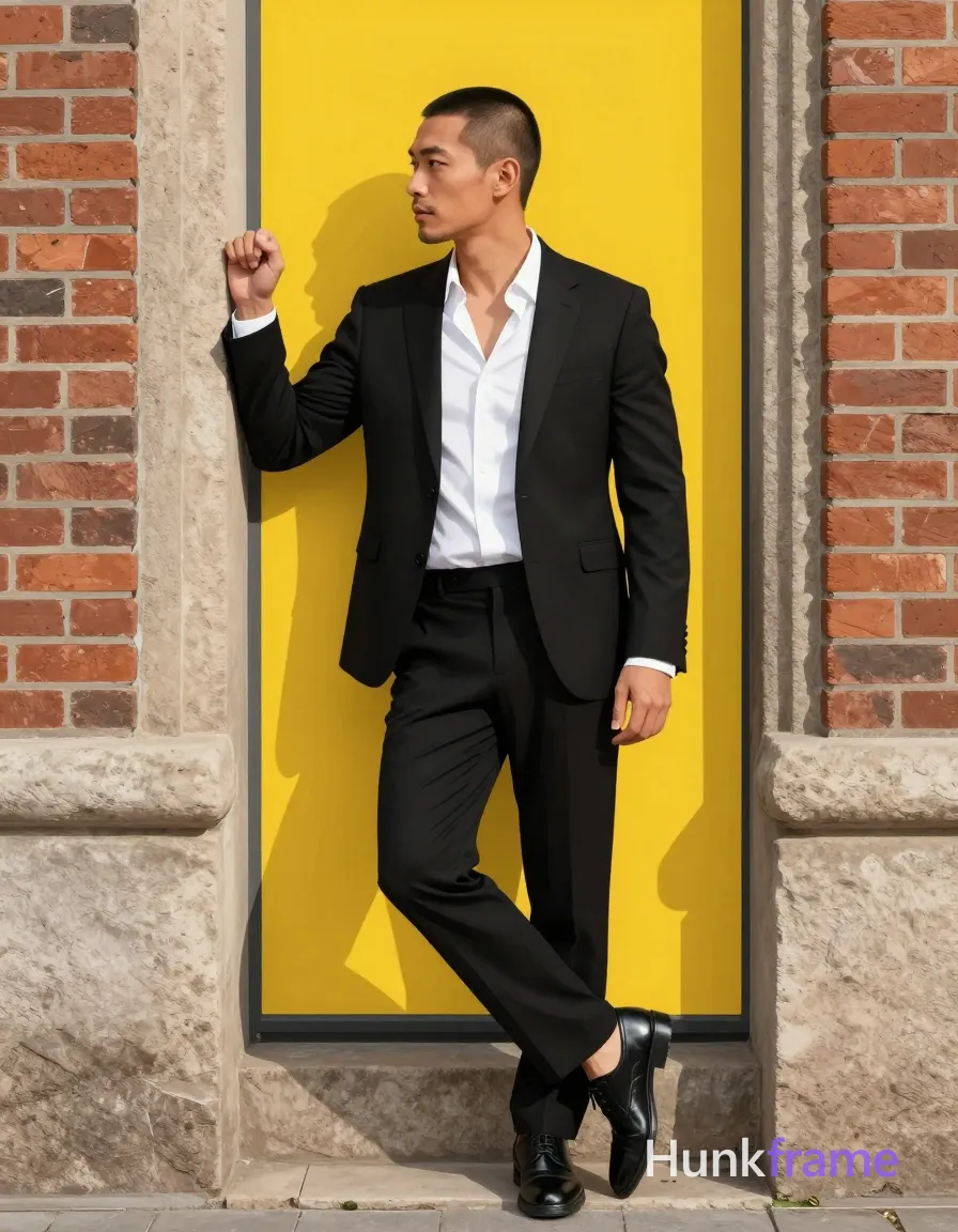 Asian man with short buzz cut and light stubble stands in three-quarter profile leaning against a stone column, right shoulder pressed to it; He wears a black tailored single-breasted suit jacket over an open white dress shirt revealing upper chest, matching black trousers; Standing full-body from head to shoes between two brick columns outdoors, weight shifted left with right foot lifted dynamically; Natural daylight casts soft shadows on sculpted broad shoulders and pectorals; Bold flat-color poster wall-art graphic design style with high-contrast color blocking and clean vector line aesthetic; single clean uninterrupted photograph with a cohesive editorial composition and plain continuous surrounding surfaces