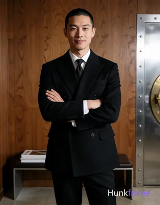Asian man with buzz cut and light stubble on upper lip, gentle closed-mouth smil