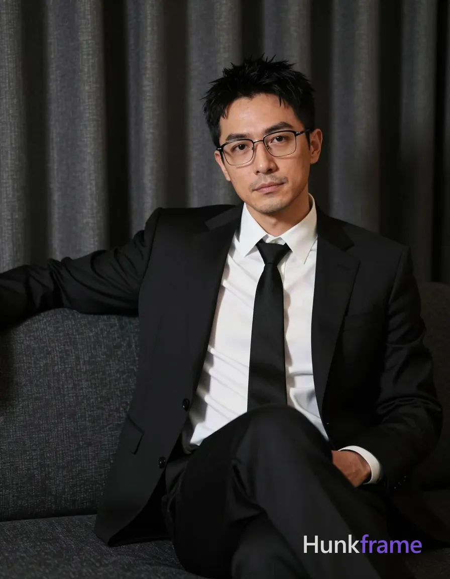 an anonymous figure man with light to medium skin and short textured black hair, wearing rectangular wire-rimmed glasses with thin black frames; Seated on a dark upholstered sofa with left arm extended along the backrest, right leg bent at knee while left leg is extended forward; Wearing a single-breasted black suit jacket with notched lapel over a white button-down dress shirt where top two buttons are undone and collar open, paired with a black necktie knotted centered at the collar; Mid-shot waist-up to thighs against heavy dark gray curtains in an indoor studio setting; Soft directional lighting from front-left creates subtle shadows on face and suit fabric textures; Shallow depth of field blurs curtain folds for elegance; High contrast between subject and background, fine-art photography aesthetic with sophisticated mood; The adult man visibly wears rectangular wire-rimmed glasses with thin black frames; clear lenses; worn on face covering both eyes on his face; preserve the exact frame shape, rim style, color, material, and lens tint; single clean uninterrupted photograph with a cohesive editorial composition and plain continuous surrounding surfaces