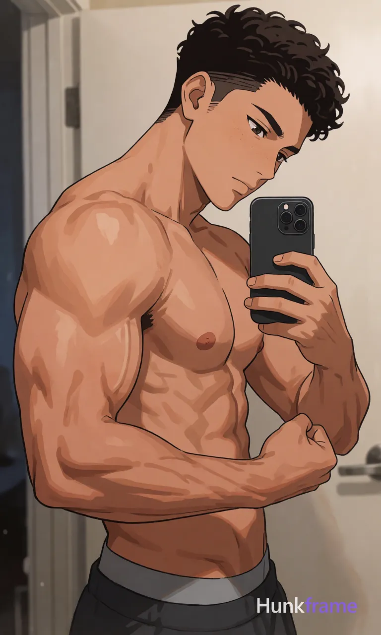 Polished anime style vertical mirror selfie of a highly muscular Hispanic man; Shirtless with defined pectorals, abs, obliques and thick thighs from gray briefs waistband mid-thigh; Dark brown short textured crop hair swept back; clean-shaven face with faint stubble; Standing facing mirror left arm bent flexing bicep toward camera while right hand holds smartphone for reflection capture; Torso angled forward head tilted down looking into glass surface; Soft ambient indoor lighting creates subtle shadows across sculpted musculature and naturalistic skin texture including freckles on light to medium tan complexion, same aesthetic theme and photo feel as the reference but a different man in a different pose with distinct body proportions, Moroccan man, deep tan, dark curls, defined abs natural not exaggerated; single clean uninterrupted artwork with a cohesive composition and plain continuous surrounding surfaces