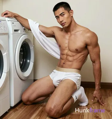 Asian man with medium-tan warm skin and short black buzz cut; Shirtless highly muscular build kneeli