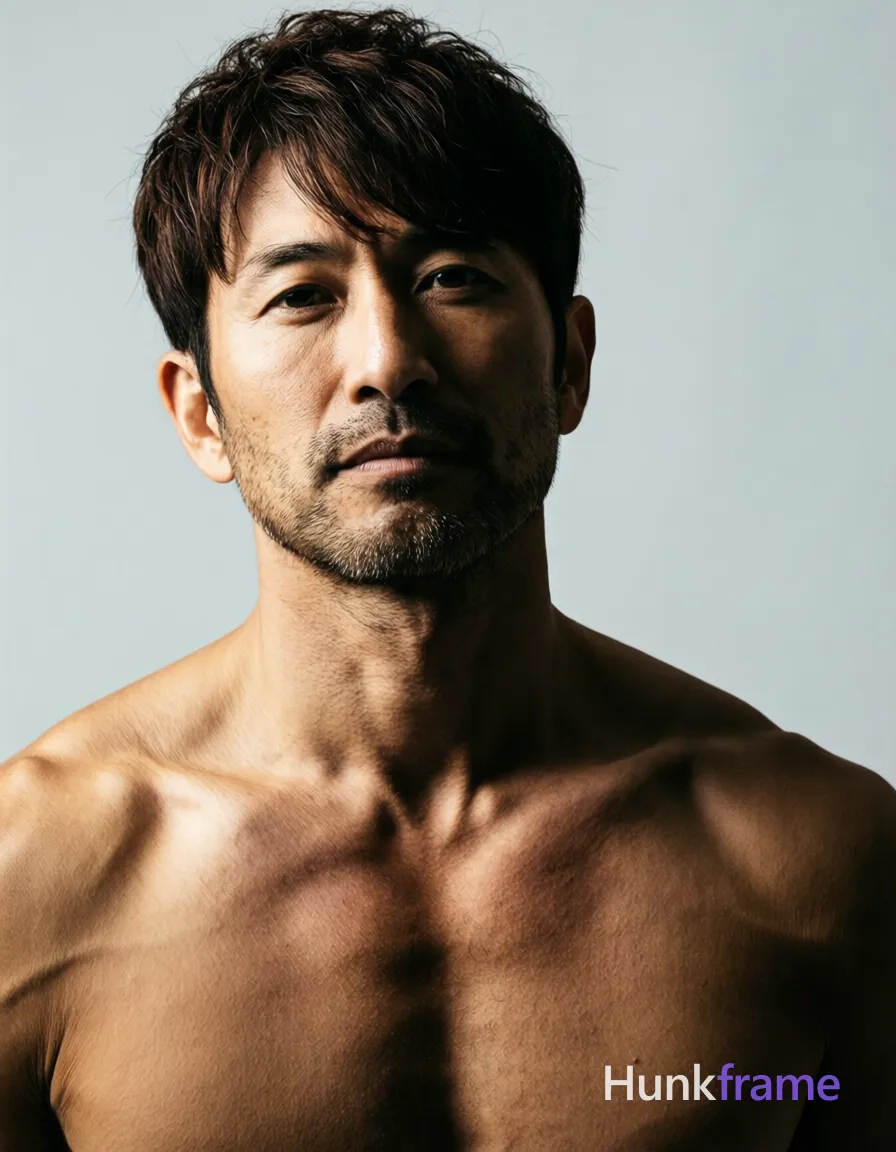 A handsome adult man with light to medium skin, dark brown short textured hair styled upward, and short stubble on his jawline. He is shirtless, exposing broad shoulders, defined collarbones, visible pectoral muscles, chest, neck, and collarbones in a head-and-shoulders close-up facing forward with a slight head tilt against a plain light gray studio background. Dramatic directional lighting from upper left casts high contrast shadows on his face and neck within fine-art photography style. The image features the wordmark 'hunkframe' visible as text. Intense, masculine, sophisticated mood. Include exactly one visible wordmark, spelled exactly "hunkframe", in the same compositional text position; preserve its appropriate typography and scale. No other visible text, logo, caption, username, hashtag, comment, watermark, or UI chrome., same aesthetic theme and photo feel as the reference but a different man in a different pose with distinct body proportions, Japanese man, soft masculine features, straight black hair, slim dancer build, a single uninterrupted photograph only, no written words or typography anywhere in frame, no captions, no app UI, no social-media post layout, no screenshot borders