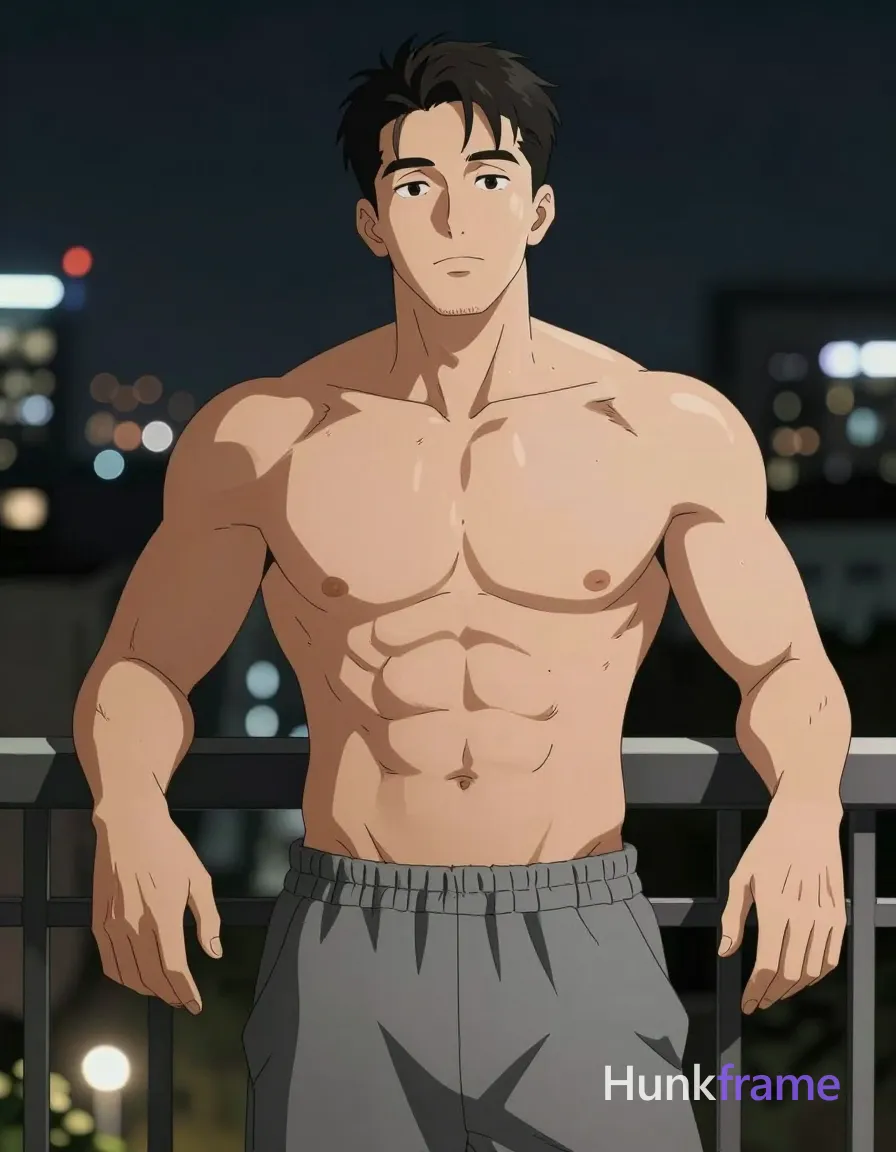 Asian adult man with light tan skin and short dark black hair styled upward at the crown, clean-shaven chin with light jawline stubble; Shirtless torso revealing broad shoulders, defined deltoids, visible biceps veins, six-pack abs, narrow waist, wearing gray sweatpants with elastic waistband; Standing upright leaning slightly forward against a balcony railing, arms bent at elbows resting on railings with hands open and relaxed; Nighttime urban setting with blurred city lights in background, high-contrast lighting creating soft highlights on skin texture; Vertical portrait composition 13:19, head near top third line, torso filling middle frame, legs cropped below waist; Polished anime style with expressive face; single clean uninterrupted artwork with a cohesive composition and plain continuous surrounding surfaces