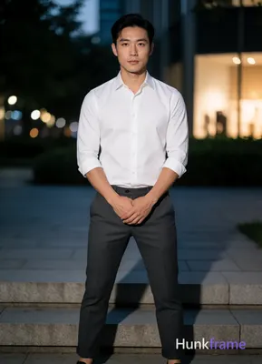 Asian man with short black straight side-parted hair and clean-shaven neck, neutral expression gazin