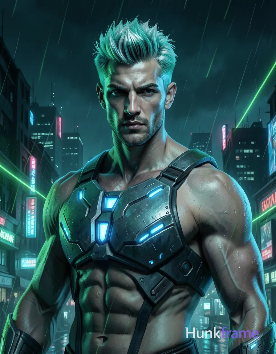 Cyberpunk-inspired fine-art portrait of a masculine figure with neon lighting and futuristic attire, featuring short spiky teal and white highlighted hair, shirtless muscular build with defined abs and broad shoulders, intricate cyberpunk armor on chest plate with glowing blue accents, dark atmospheric background with neon green streaks, strong dramatic lighting focused on upper body, cool color palette of teal, blue, and black
