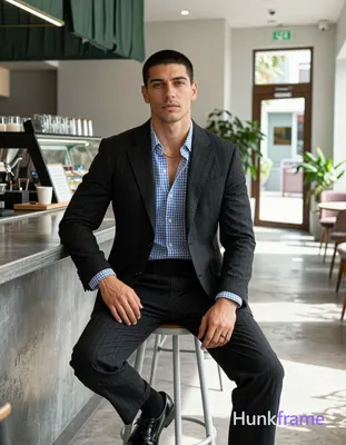 an anonymous figure man with short black buzz cut and clean-shaven face, neutral expression seated o