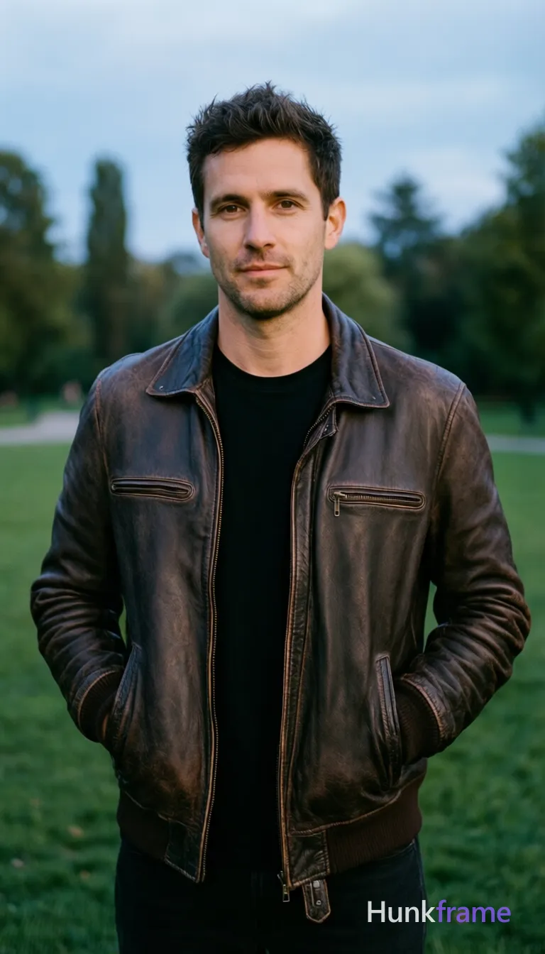 an anonymous figure man with light-medium skin and short dark brown textured hair, clean-shaven face standing upright facing forward; He wears a dark brown distressed leather bomber-style jacket over a black crew-neck t-shirt, hands in zippered chest pockets; Full-body shot from head to mid-thighs centered against an outdoor park setting with green grass and distant trees under soft dusk light; Fine-art photography aesthetic with shallow depth of field blurring the background elements into muted blue-gray tones; single clean uninterrupted photograph with a cohesive editorial composition and plain continuous surrounding surfaces