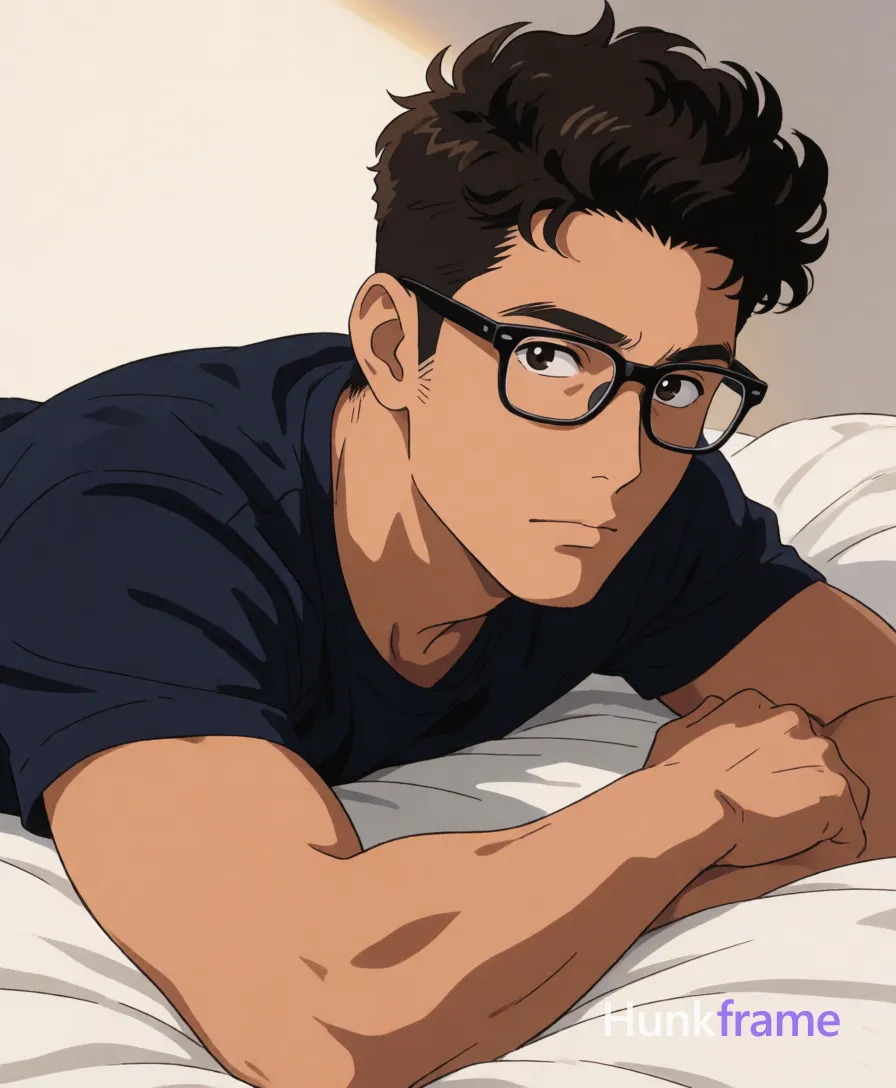 Asian man with short dark brown hair styled upward, sideburns and light stubble in polished anime 2.5D style lying prone on white bedding shirtless with defined biceps and broad shoulders wearing dark navy blue briefs covering hips; Soft directional lighting from left sculpts musculature against black rectangular eyewear frames worn clearly on face, same aesthetic theme and photo feel as the reference but a different man in a different pose with distinct body proportions, Moroccan man, deep tan, dark curls, defined abs natural not exaggerated; single clean uninterrupted artwork with a cohesive composition and plain continuous surrounding surfaces