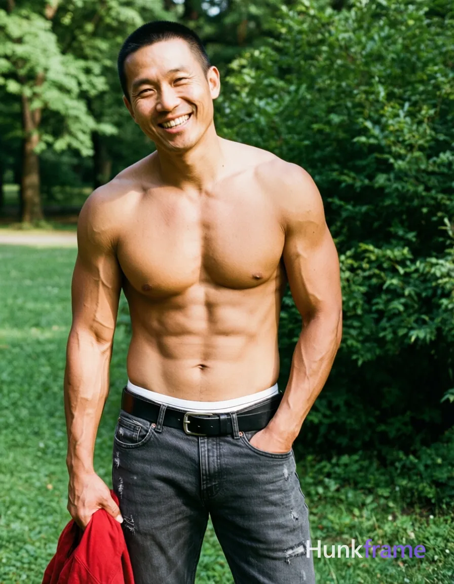 Asian man with light tan skin and short black buzz cut stands upright in a park setting, smiling broadly with slight head tilt to right; Shirtless adult displaying broad shoulders, defined pectorals, six-pack abs, visible vascularity on arms; dark grey distressed jeans with belt loops and silver buckle, black leather belt, white underwear waistband visible above pants; Right hand holds red garment at hip level while left hand rests in pocket; Natural daylight casts soft shadows on torso against lush green foliage background; Candid lifestyle portrait composition focusing on upper body from head to mid-thighs; single clean uninterrupted photograph with a cohesive editorial composition and plain continuous surrounding surfaces