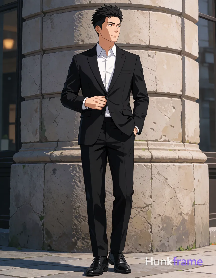 Asian man with short textured black hair styled upward and back, clean-shaven face, neutral composed gaze directed away from camera; He stands upright against a curved stone building in an outdoor urban daylight setting, left hand deep in pants pocket, right hand adjusting the button on his white collared dress shirt near waistline while wearing a tailored black two-piece suit with top buttons undone at neck revealing collarbone and chest shadowing; Full-body shot from head to shoes centered vertically occupying central third of frame horizontally; Polished anime 2.5D next-gen game art style rendering expressive face athletic anatomy high-quality character rendering fine-art photography aesthetic fashion editorial composition; single clean uninterrupted artwork with a cohesive composition and plain continuous surrounding surfaces