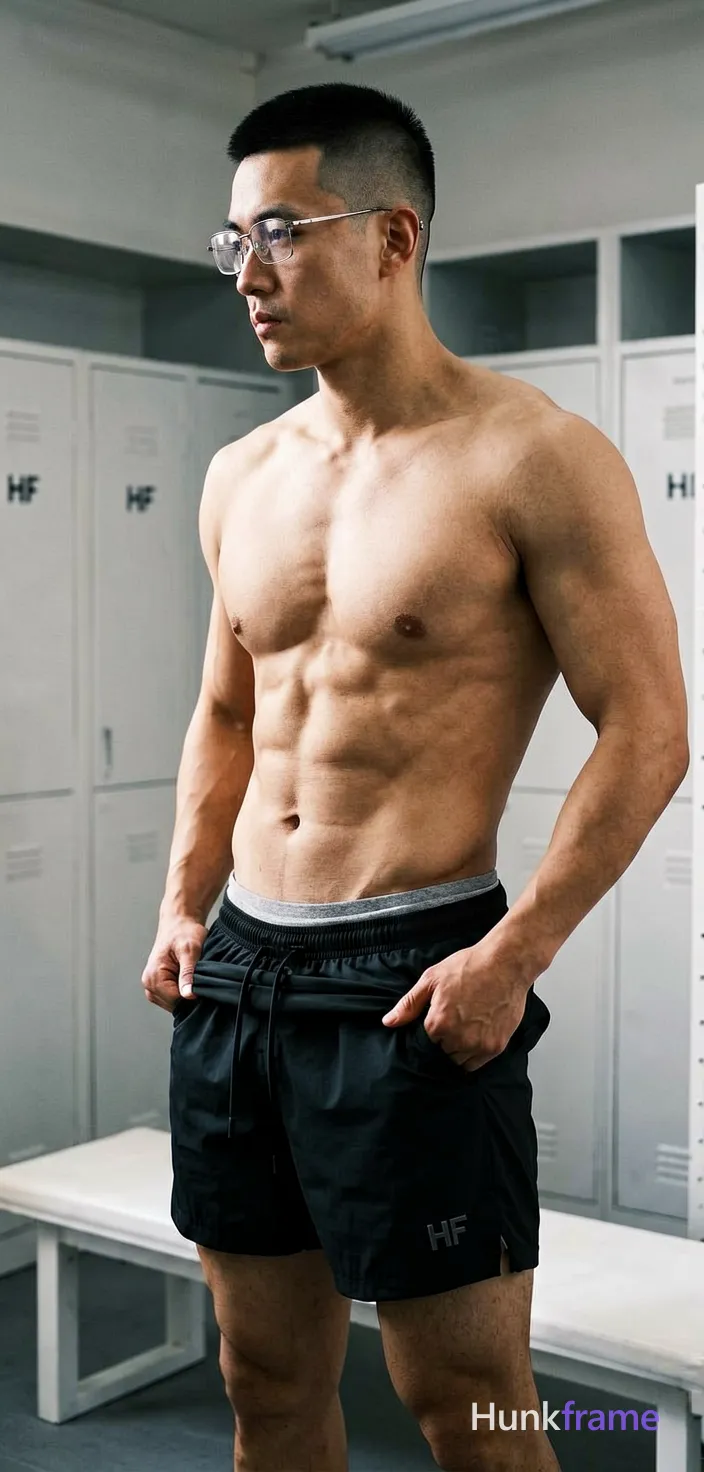Asian man with short dark black hair high fade, thin metal frame rectangular glasses worn on face, clean-shaven; Standing profile facing left pulling up black athletic shorts waistband mid-thigh right side shirtless bare chest six-pack abs thick thighs visible gray inner waistband above outer fabric indoor locker room white bench dramatic directional lighting highlighting musculature high contrast shadows premium fashion editorial aesthetic fine-art photography style vertical portrait crop head to upper thighs The adult man visibly wears thin metal frame glasses worn on the face; clear lenses with no tint; rectangular to slightly rounded shape on his face; preserve the exact frame shape, rim style, color, material, and lens tint; FULL GARMENT TEXT REPLACEMENT: remove every source garment word, sentence, slogan, logo, and partial brand spelling from every existing print area, then replace those source marks with only the wordmark, spelled exactly "HF"; This is replacement, Repeated "HF" marks are allowed only where the source garment already had printed text; preserve appropriate placement, typography, color, and; single clean uninterrupted photograph with a cohesive editorial composition and plain continuous surrounding surfaces