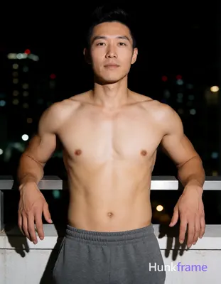 Asian adult man with light tan skin and short dark black hair styled upward at the crown, clean-shav