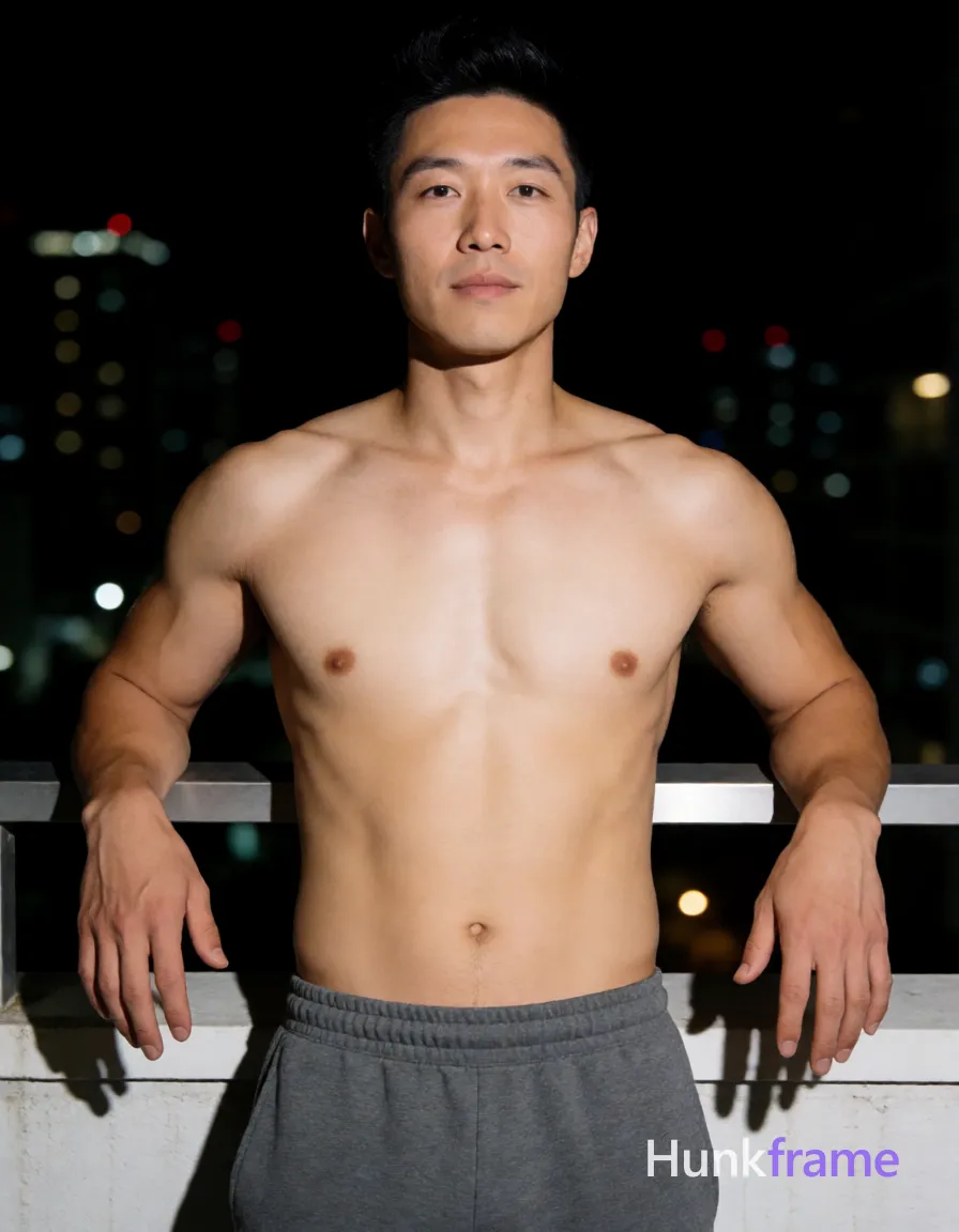 Asian adult man with light tan skin and short dark black hair styled upward at the crown, clean-shaven chin with light jawline stubble; Shirtless torso revealing broad shoulders, defined deltoids, visible biceps veins, six-pack abs, narrow waist, wearing gray sweatpants with elastic waistband; Standing upright leaning slightly forward against a balcony railing, arms bent at elbows resting on railings with hands open and relaxed; Nighttime urban setting with blurred city lights in background, high-contrast lighting creating soft highlights on skin texture; Vertical portrait composition 13:19, head near top third line, torso filling middle frame, legs cropped below waist; Bold flat-color poster style, same aesthetic theme and photo feel as the reference but a different man in a different pose with distinct body proportions, Slavic man, pale skin, ash blond stubble, tall athletic frame; single clean uninterrupted photograph with a cohesive editorial composition and plain continuous surrounding surfaces