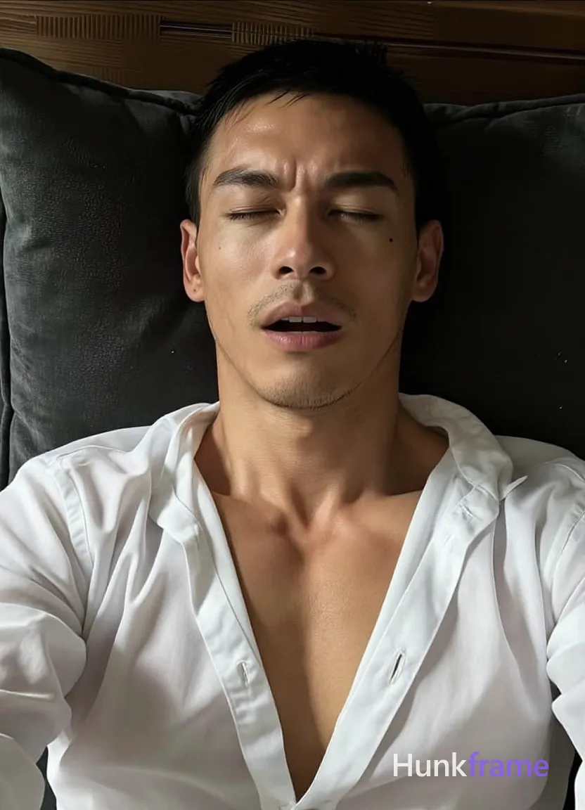 Photograph of exactly 1 adult man. Man 1: East Asian, light to medium tan with natural texture and pores visible under soft lighting, oval with defined jawline, short buzz cut, black, straight texture, even length all around, light stubble on chin and jawline, sparse mustache area, clean-shaven cheeks, small mole on left cheek near eye corner. Man 1 has fully exposed eyes, eyebrows, temples and nose bridge. lean build with light medium tan skin texture. lying supine grimacing eyes tightly shut mouth open. white satin button-down shirt deep V-neck upper chest exposed. vertical mirror selfie handheld phone visible centered crop. indoor bedroom dark fabric pillow background soft lighting. soft directional front-left creating subtle shadows on face. fine-art photography dramatic chiaroscuro shallow depth of field