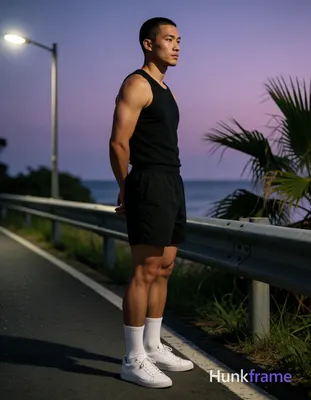Asian man with short buzz cut and clean-shaven face stands sideways in a tasteful suggestive pose, h