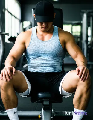 Asian man with light-medium skin seated on gym leg press in vertical portrait, legs spread wide V-sh