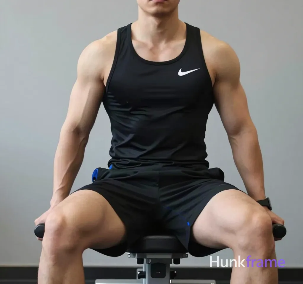 A striking masculine man seated on gym equipment, mid-torso to upper thighs centered. He wears a black Nike tank top with white swoosh and black athletic shorts with blue side stripes. His right hand grips the handlebar while his left arm rests near his thick thigh in full-bleed vertical composition. Clean negative space frames broad shoulders against a gray wall background. Vertical portrait captures defined biceps, triceps, and thick thighs for screen-safe wallpaper., a single uninterrupted photograph only, no written words or typography anywhere in frame, no captions, no app UI, no social-media post layout, no screenshot borders