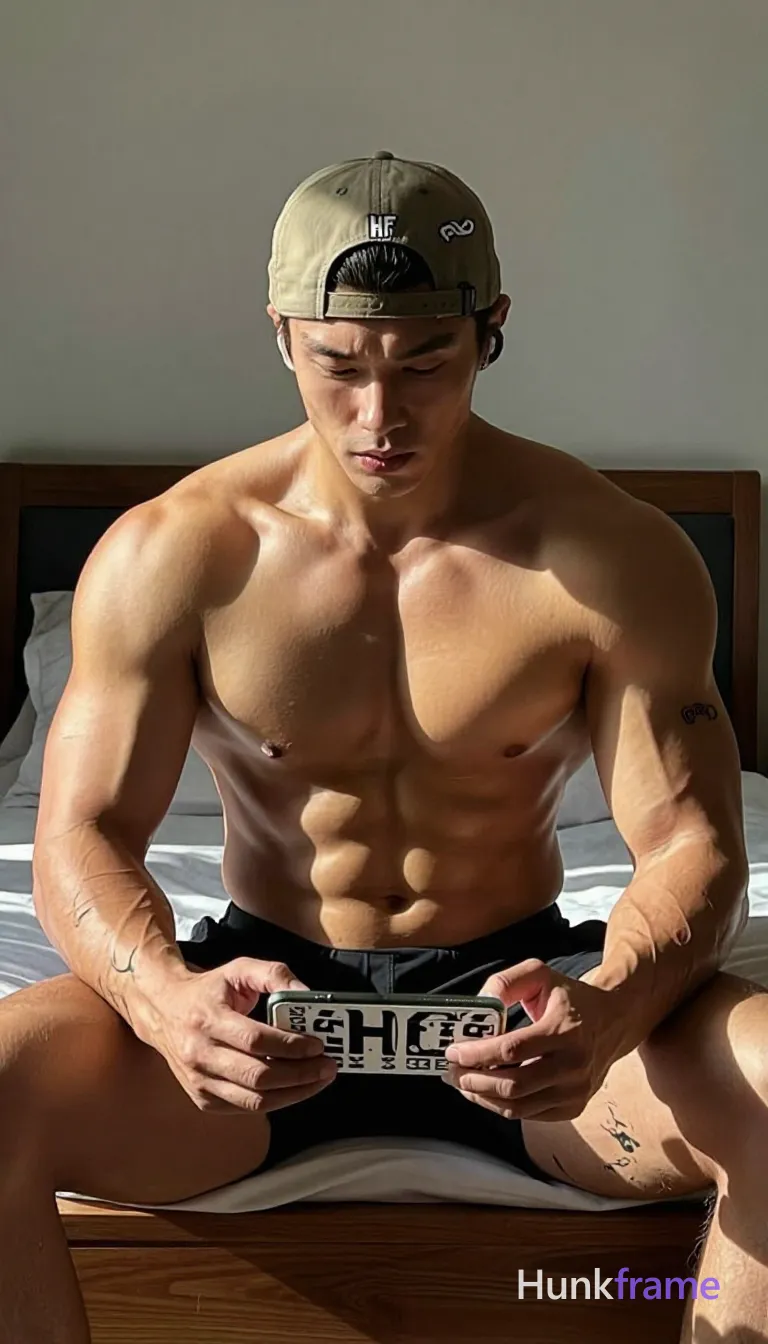 Asian man with tanned skin and short dark straight hair under a tan backward-facing baseball cap reading 'HF', clean-shaven face, broad shoulders, defined pectorals, six-pack abs, thick arms; He sits upright on a wooden bed frame in a sun-drenched bedroom, torso exposed from chest to head; Strong directional natural light casts dramatic chiaroscuro shadows across his bare abdomen and arms; High-resolution portrait photography with visible skin texture; reflection geometry coherent within the glass surface; FULL GARMENT TEXT REPLACEMENT: remove every source garment word, sentence, slogan, logo, and partial brand spelling from every existing print area, then replace those source marks with only the wordmark, spelled exactly "HF"; This is replacement, Repeated "HF" marks are allowed only where the source garment already had printed text; preserve appropriate placement, typography, color, and scale, logo, caption, username, hashtag, comment, watermark, or UI chrome, shot on iPhone 15 Pro main camera, authentic smartphone computational photography, natural Smart HDR and true-to-life skin texture, vertical 9:16 Xiaohongshu; single clean uninterrupted photograph with a cohesive editorial composition and plain continuous surrounding surfaces