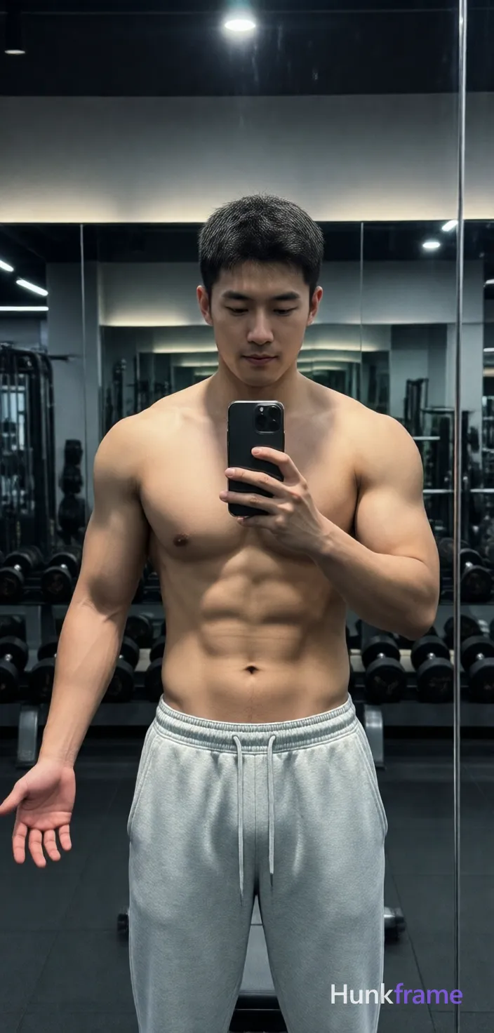 Asian man with short dark textured hair and clean-shaven face, shirtless displaying broad shoulders and defined pectorals; Standing facing gym mirror holding black smartphone in front of chest capturing reflection, left arm extended outward with palm open; Wearing light gray sweatpants with elastic waistband and side pockets; Vertical phone selfie composition center-right foreground from head to mid-thighs; Modern fitness center background with mirrored walls and dumbbell racks under overhead recessed lighting creating soft shadows on torso; High-resolution smartphone capture with slight wide-angle distortion, candid iPhone selfie energy showing trendy influencer vibe in gray black palette; single clean uninterrupted photograph with a cohesive editorial composition and plain continuous surrounding surfaces