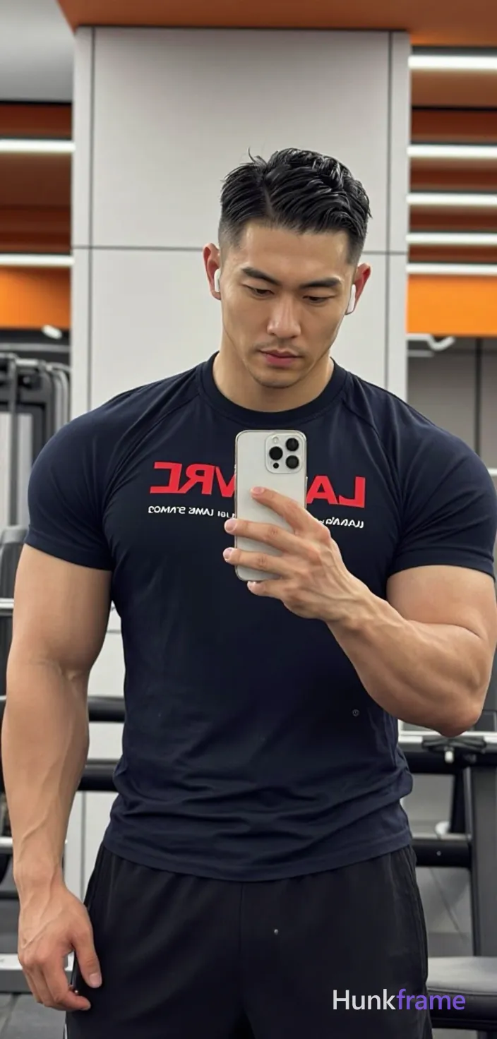 Asian man with medium-tan skin and short buzz cut, textured fade on sides and back, slightly longer top combed forward; Light stubble along jawline and upper lip; clean-shaven chin and neck; Neutral expression focused gaze directed at phone screen in mirror reflection; Standing upright facing slightly right of camera (mirror angle), left arm raised holding white smartphone to capture selfie against chest level, thumb resting on side edge; Wearing dark navy blue an anonymous figure t-shirt with large red logo across chest; fully clothed adult torsoState; Broad shoulders and defined pectorals visible under fabric; Portrait vertical crop from chest to mid-thighs centered in frame; Indoor commercial gym setting with white structural elements and orange accent lighting background, blurred weight machines behind him via shallow depth of field; Even studio-like lighting captures naturalistic skin texture without distortion; FULL GARMENT TEXT REPLACEMENT: remove every source garment word, sentence, slogan, logo, and partial brand spelling from every existing print area, then replace those source marks with only the; single clean uninterrupted photograph with a cohesive editorial composition and plain continuous surrounding surfaces