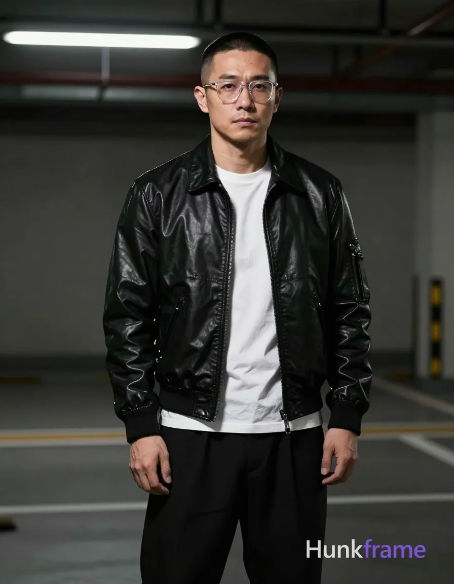 Photograph of exactly 1 adult man. Man 1: asian, light-medium, oval, black, short buzz cut with even length all around, clean-shaven chin and jawline. Man 1 wears clear-framed glasses with thin metal rims, rectangular shape, minimal tint on lenses on his face. Broad shoulders with dense body hair on a stocky muscular frame. Standing upright facing forward with slight weight shift to left leg. Black leather bomber-style jacket over white crew-neck t-shirt, black wide-leg trousers. Full-body shot from head to mid-thighs centered in vertical portrait orientation. Indoor parking garage featuring concrete walls, metal railings, and overhead fluorescent lighting. Overhead artificial light casting soft shadows with high contrast between black jacket and white shirt. Fine-art photography with dramatic lighting emphasizing sculpted silhouette in a monochromatic palette