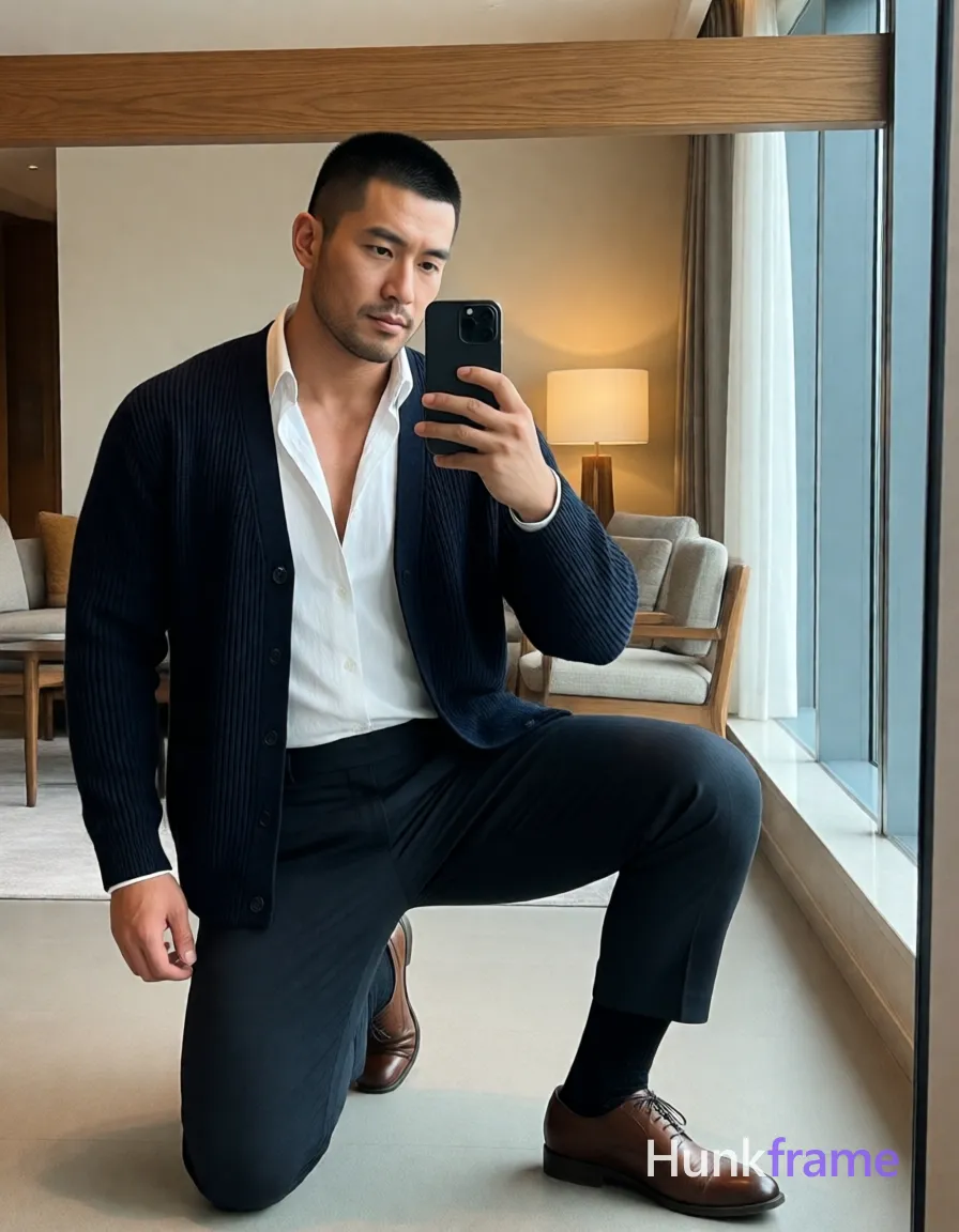 A handsome adult man with medium-brown skin and a black buzz cut stands in a trendy hotel lounge, holding a black smartphone for an Instagram-style mirror selfie; He wears a dark navy ribbed cardigan open over a white button-down shirt (top two buttons undone), matching tailored trousers, black crew-socks to mid-calf, and brown leather lace-up dress shoes; The scene shifts from kneeling to standing with torso slightly twisted beneath a horizontal wooden beam structure where warm ambient lighting meets cool daylight from the right window; His thick thighs and broad shoulders are highlighted in an artistic partial nude aesthetic capturing upper chest clavicles and lower abdomen above waistband for that authentic Xiaohongshu influencer vibe, shot on iPhone 15 Pro main camera, authentic smartphone computational photography, natural Smart HDR and true-to-life skin texture, vertical 9:16 Xiaohongshu lifestyle feed, bright clean everyday scene, unretouched phone photo with subtle sensor grain, trendy Chinese internet 网红 aesthetic, candid influencer energy, phone held naturally in one hand for selfie, phone visible; single clean uninterrupted photograph with a cohesive editorial composition and plain continuous surrounding surfaces