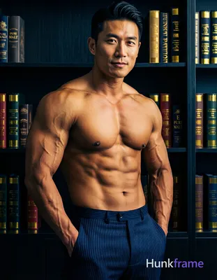 Asian man with short black hair styled back, clean-shaven face, neutral direct gaze standing center-