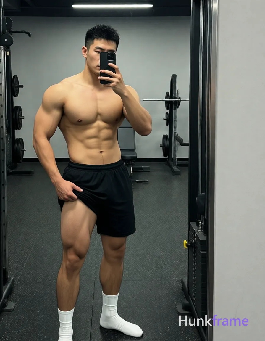Asian man with light-medium skin and black short textured crop hair, clean-shaven jawline standing in a full-length gym mirror; He is shirtless displaying broad shoulders, defined deltoids, rectus abdominis separation, six-pack abs, thick quadriceps, and inner right thigh exposure as his hand pulls up the waistband of loose-fitting black athletic shorts to mid-thigh height while wearing white crew-length socks pulled to calf level; His left hand holds a black smartphone at face obscuring eyes in mirror reflection; Candid iPhone selfie energy with natural overhead fluorescent lighting highlighting muscular definition against neutral gray walls with dark speckled flooring and reflected weight racks, captured as vertical social-feed lifestyle photography, shot on iPhone 15 Pro main camera, authentic smartphone computational photography, natural Smart HDR and true-to-life skin texture, vertical 9:16 Xiaohongshu lifestyle feed, bright clean everyday scene, unretouched phone photo with subtle sensor grain, trendy Chinese internet 网红 aesthetic, candid influencer energy, phone held naturally in one hand for selfie, phone visible in frame; single clean uninterrupted photograph with a cohesive editorial composition and plain continuous surrounding surfaces