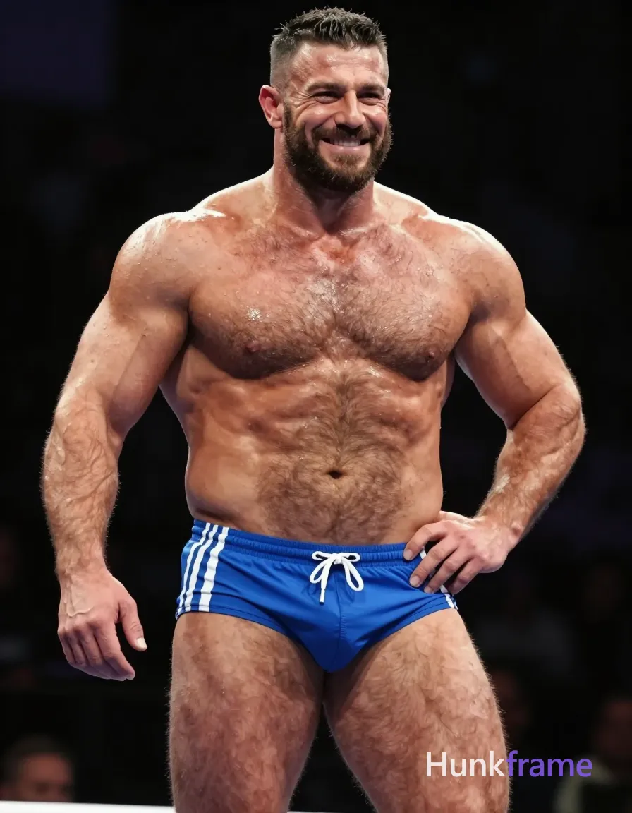 A big and hairy stocky adult man with tanned skin, short dark hair styled on top and faded sides, clean-shaven face smiling broadly. He stands facing the camera in a waist-up portrait framing against a dark indoor stage background. Shirtless with highly muscular chest, defined abdominal muscles, visible vascularity on arms, wearing blue swim trunks with white vertical stripes and a white drawstring. His right arm extends downward slightly forward while his left hand grips the waistband at hip level, pulling up the shorts so they sit mid-thigh. Dramatic directional lighting highlights sculpted musculature and skin sheen in high-contrast photography., same aesthetic theme and photo feel as the reference but a different man in a different pose with distinct body proportions, Turkish man, olive skin, aquiline nose, lean hairy chest editorial look, a single uninterrupted photograph only, no written words or typography anywhere in frame, no captions, no app UI, no social-media post layout, no screenshot borders