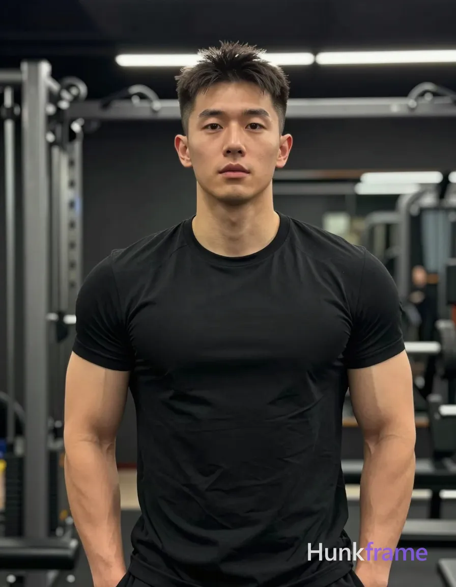 Asian man with medium-light skin, short textured dark black crop cut close on sides and longer top, clean-shaven face; Standing upright facing forward hands behind back slight lean torso left wearing black short-sleeve crew-neck t-shirt fully clothed adult broad shoulders defined pectorals toned biceps indoor gym environment black walls weight machines racks overhead linear lighting soft shadows shallow depth of field chest-up portrait centered head and shoulders fill vertical frame xiaohongshu lifestyle fitness influencer candid vibe trendy social-feed composition; single clean uninterrupted photograph with a cohesive editorial composition and plain continuous surrounding surfaces
