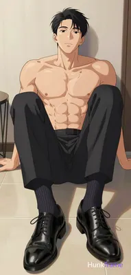 Polished anime style rendering of an adult man seated with legs extended forward, feet resting on a 