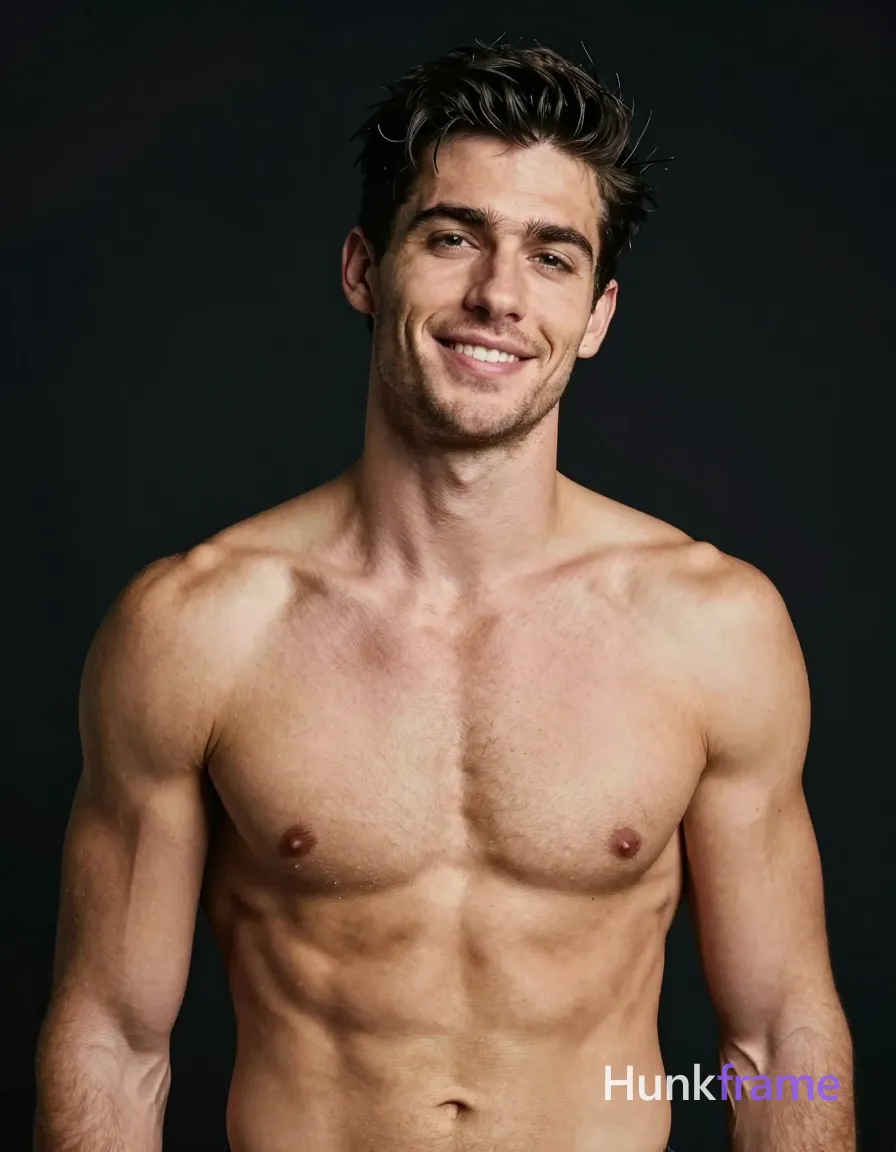 A handsome white man with short dark hair and a side parting stands shirtless against a deep black studio background. His clean-shaven face offers a slight smile while maintaining direct eye contact, framed in an upper torso shot with a subtle head tilt. Soft directional lighting sculpts his broad shoulders, defined pectorals, and visible abdominal definition into high contrast monochrome tones. The composition is centered vertically on the canvas, capturing neck to chest without distraction, evoking an intimate confident mood typical of masculine editorial fine art photography., shot on iPhone 15 Pro main camera, authentic smartphone computational photography, natural Smart HDR and true-to-life skin texture, vertical 9:16 Xiaohongshu lifestyle feed, bright clean everyday scene, unretouched phone photo with subtle sensor grain, trendy Chinese internet 网红 aesthetic, candid influencer energy, a single uninterrupted photograph only, no written words or typography anywhere in frame, no captions, no app UI, no social-media post layout, no screenshot borders