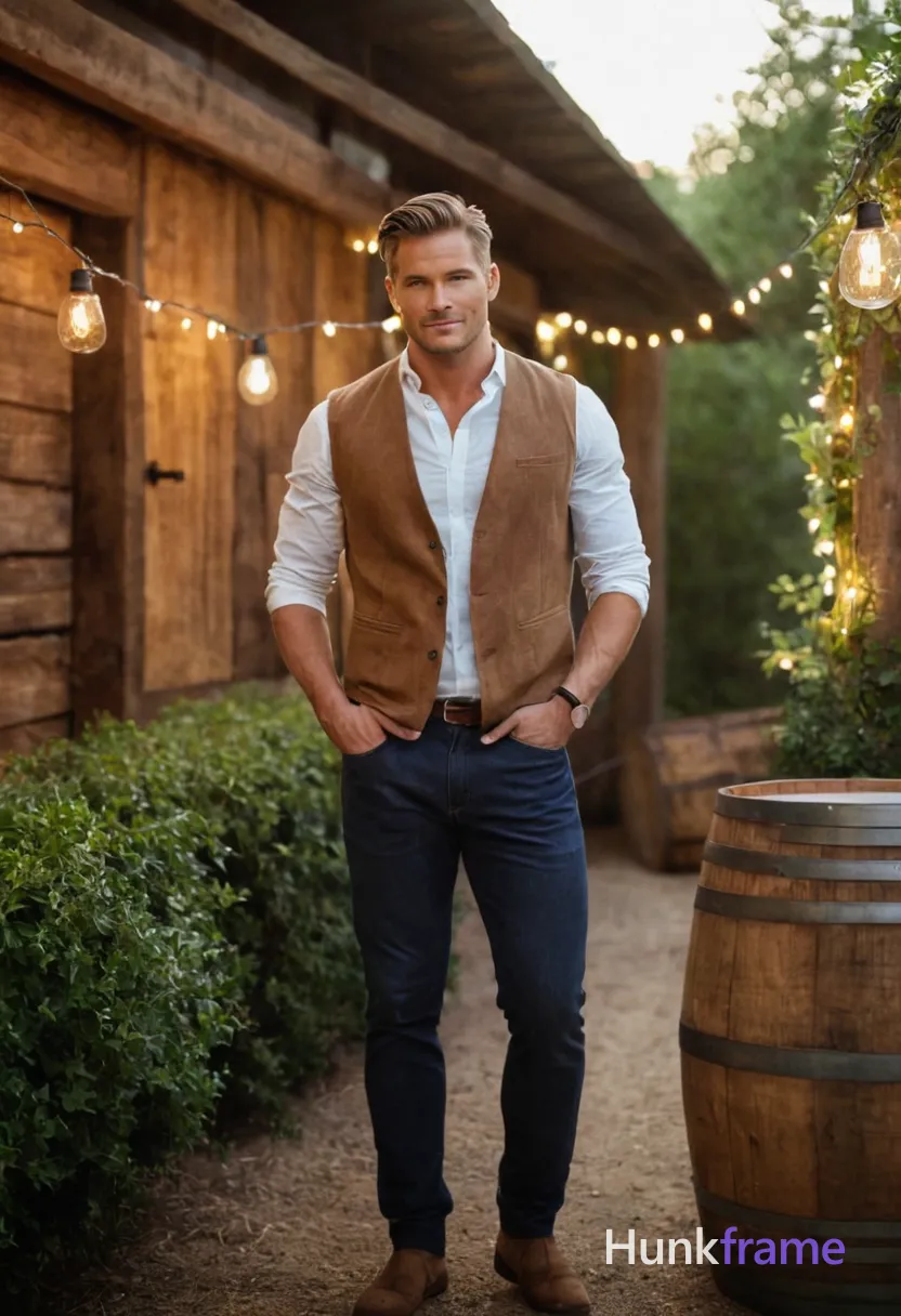 A well-built masculine man standing in a rustic garden with wooden barrels and ivy-covered walls, string lights hanging above creating an intimate atmosphere; holding a glass of wine in one hand and looking relaxed, early evening golden hour light casting soft shadows and natural film grain, 85mm lens for slight compression, editorial male beauty photography