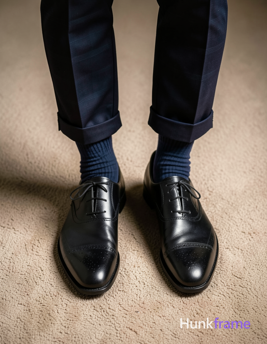 High-angle athletic photography close-up of a muscular adult man's lower legs an